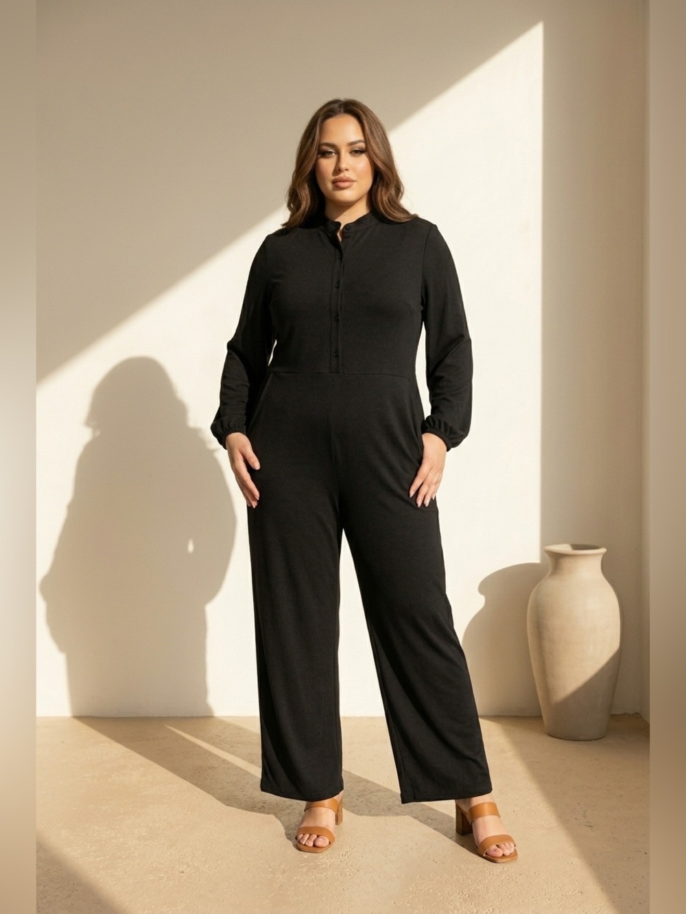 Black Long Sleeve Jumpsuit Button Front Wide Leg Pockets Womens XXL NWOT